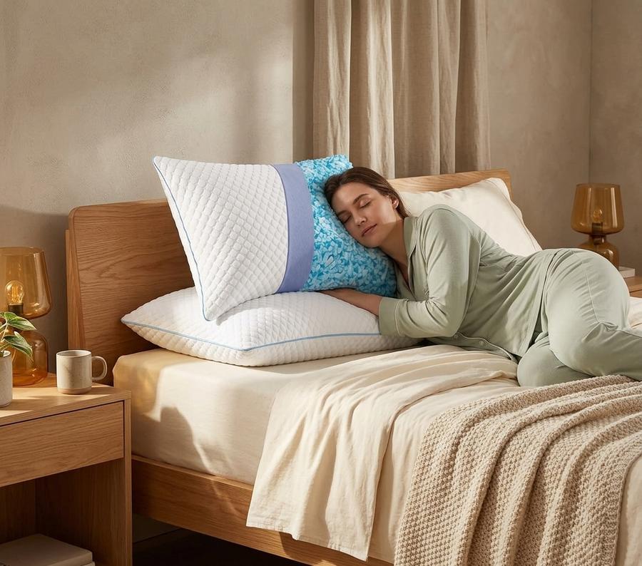 VVZ Queen cooling pillow on a made bed with white linens