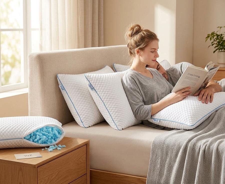 VVZ pillow bundle set arranged on a bed with decorative throws